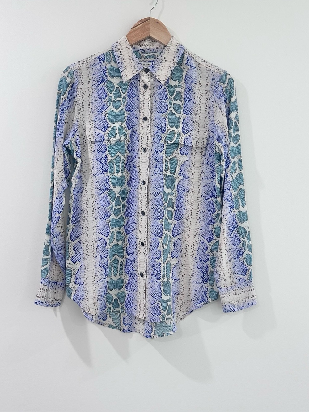 Equipment silk collared button down blouse top blue green snake print XS